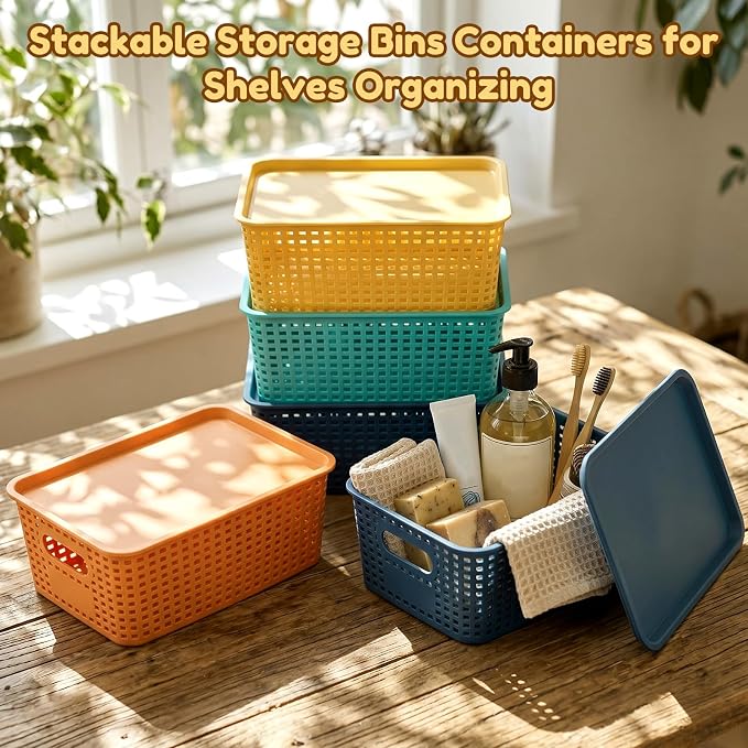 12 Pack Plastic Storage Baskets with Lids Stackable Organizing Bins Storage Baskets Organizers and Containers for Closet, Pantry, Office, 10.2 x 7.2 x 4.1 Inches(Boho Color) - Image 2