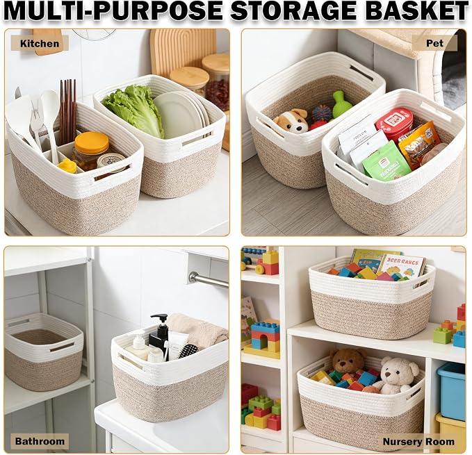 6 Pack Woven Rope Baskets, 12.6"×9"×7.8" Storage Bins, White&Brown | Storage Boxes for Toys, Books, Towels, Clothes, Shelf Baskets Organizer,Empty Gift Baskets for Living Room, Bathroom, Bedroom - Image 6