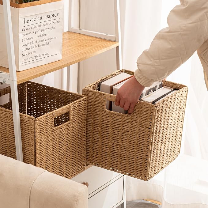 Foldable Storage Baskets with Handles Paper Rope Storage Baskets Rectangle Collapsible Hand Woven Storage Cubes Bins for Organizing Shelves Living Room Bedroom Pantry (3, 11'' x 11'' x 11'') - Image 5