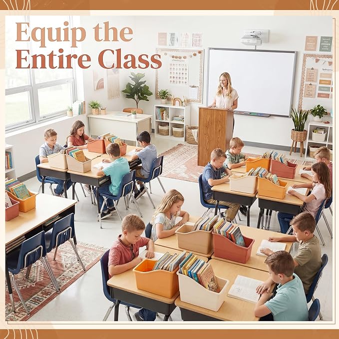 Blosssound 24 Set Book Bins for Classroom Stackable,Earth Tones | Plastic Baskets with Labels, Slanted Front, Library Supplies Organizers, Desktop Storage Bins, Teachers Home School Use - Image 7