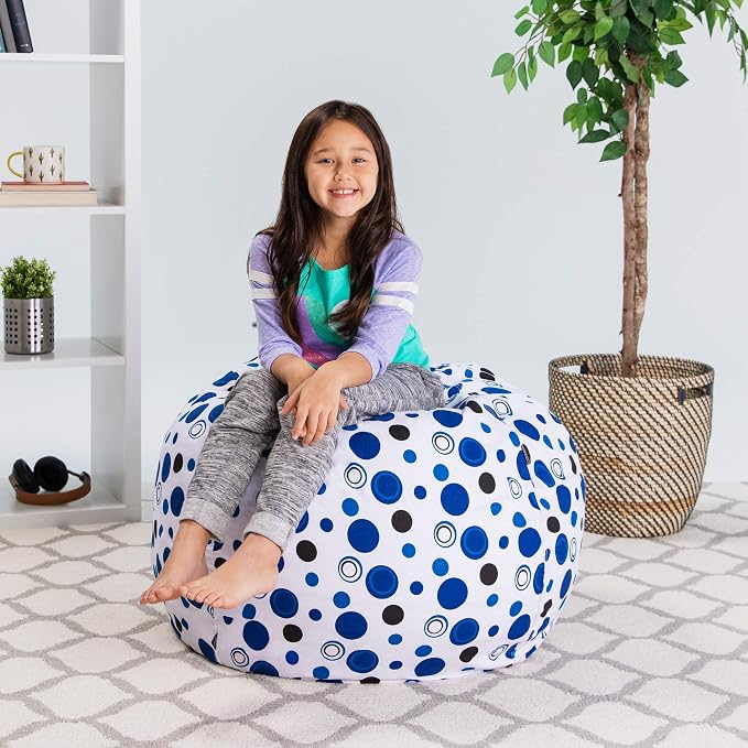 Posh Stuffable Kids Stuffed Animal Storage Bean Bag Chair Cover - Childrens Toy Organizer, Large 38" - Canvas Bubbles Blue and White - Image 4