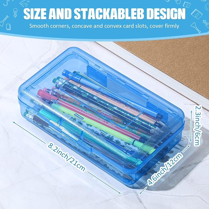 Fainne 24 Pack Clear Plastic Pencil Box,Blue | Stackable Organizer for School Supplies, Large Case for Crayons Markers, Snap-lid Keeps Stationery Secure, Bulk Set - Image 2