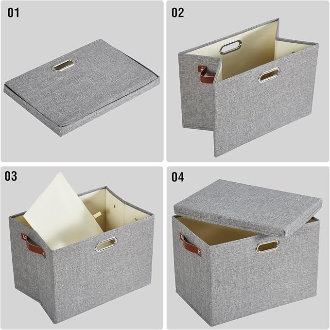 15" Fabric Storage Box with Lids, 3-Pack, Gray | Stackable, Foldable, 2 PU Handles and 2 Metal Handles, Decorative Fabric, For Home, Bedroom, Closet, Office, Nursery - Image 6