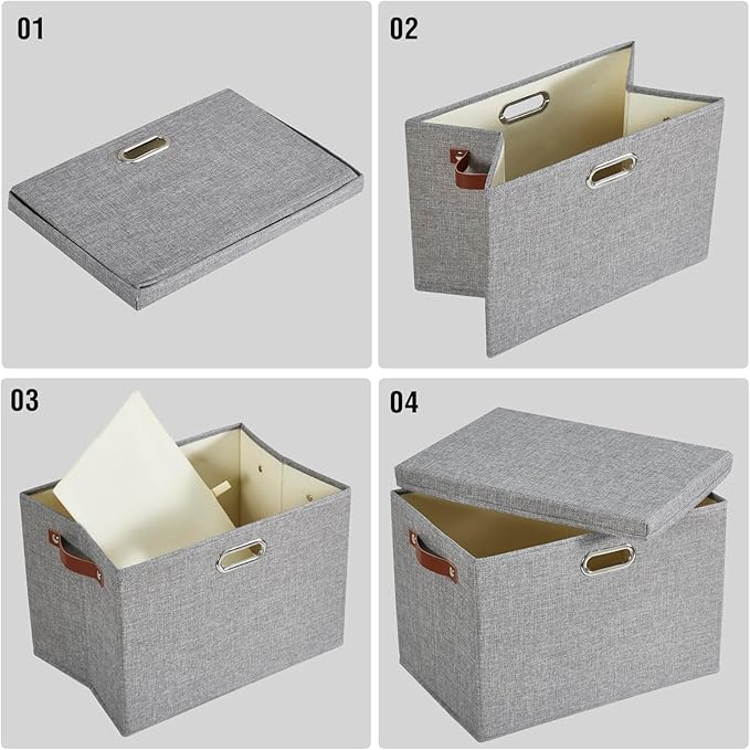 17" Large Fabric Storage Box with Lids, 3-Pack, Gray | Stackable, Foldable, 2 PU Handles and 2 Metal Handles, Decorative Fabric, For Home, Bedroom, Closet, Office, Nursery - Image 5