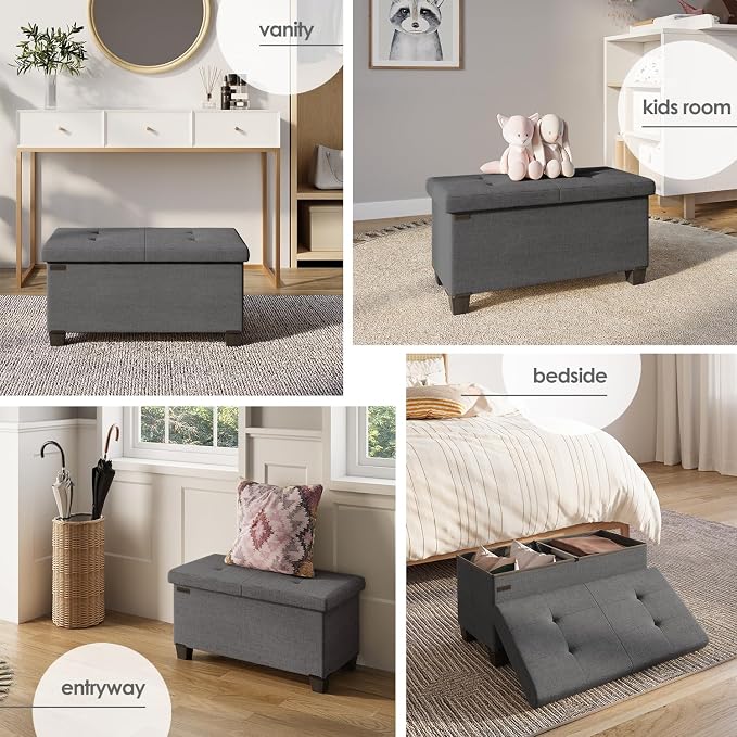 Storage Ottoman Bench with Bins, 30-in Storage Bench for Bedroom End of Bed, Folding Foot Rest Ottoman for Living Room Max 660lbs, Fabric Ottomans, Grey - Image 4