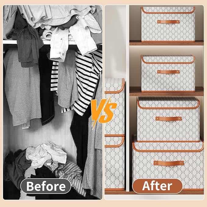 Tuza 2 Pack Fabric Storage Bins with Lids, Collapsible Closet Organizer Container, Decorative Storage Boxes with Lids for Organizing Clothes, Blanket, Grey & White, Medium - Image 4