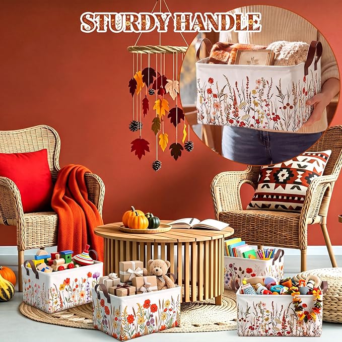 CHENGU 6 Pack Fall Flower Storage Bin Collapsible Wildflower Basket for Gifts Vintage Flower Holiday Decor Large Fall Basket Foldable Autumn Thanksgiving Box with Handle for Room Nursery Office Home - Image 4