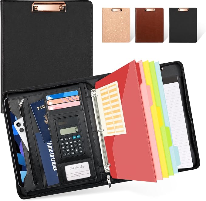 Ospelelf Zippered Padfolio Portfolio Folder, Leather Clipboard with Storage, 3 Ring Binder 1 Inch,12.1” Tablet Sleeve, 5 Dividers with Pocket, Refillable Notepad, Card Slot (Classic Black) by OspelelfOfficeSupplies