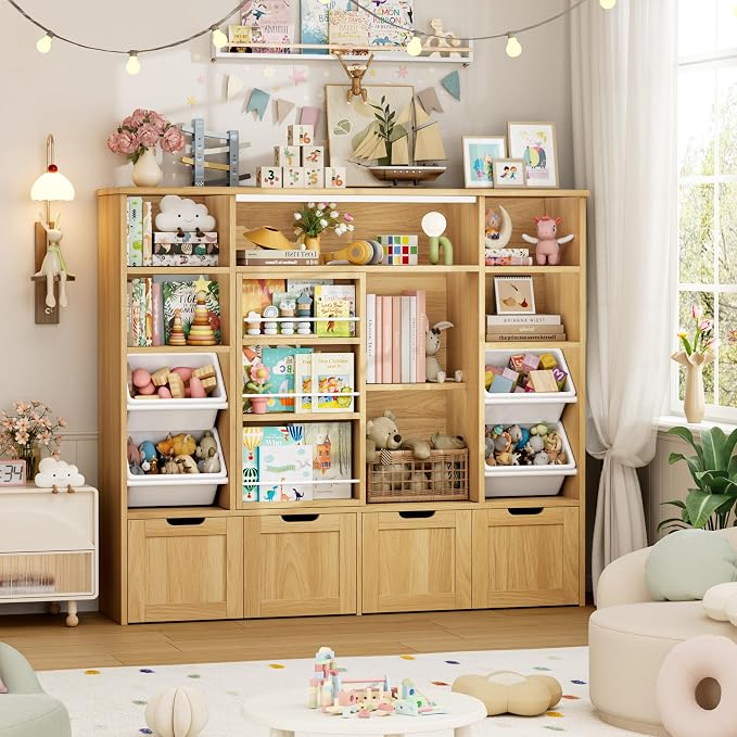 Toy Storage with Sliding Bookshelf, Toy Organizer with 4 Bins | 55.1’’ W Large Toy Storage Organizer Kids Bookshelf with 4 Movable Drawers, Toy Bins Playroom Storage for Kid Room, Natural - Image 4