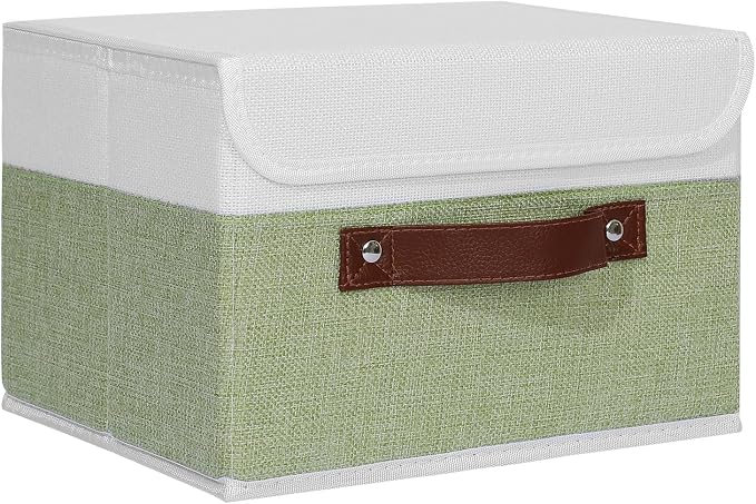 ANMINY Fabric Storage Box Bins with Lids, Green White, 10"x8"x7" | Keepsake Memory Storage, Cotton Linen, PP Board Reinforced, Washable, PU Handles, Foldable & Stackable, Decorative, Small by ANMINY