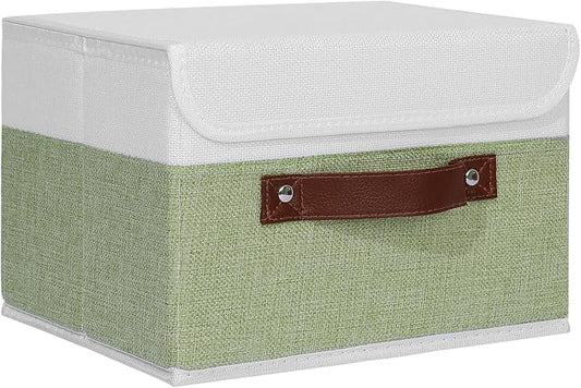 ANMINY Fabric Storage Box Bins with Lids, Green White, 10"x8"x7" | Keepsake Memory Storage, Cotton Linen, PP Board Reinforced, Washable, PU Handles, Foldable & Stackable, Decorative, Small by ANMINY
