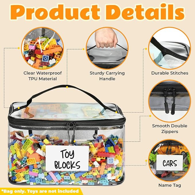 6-Pack Extra Large Toy Storage Bags with Zippers & Labels, Reusable Clear TPU Waterproof Organizer for Kids Toys, Building Blocks, Puzzles, Dolls, Board Games - Durable, BPA-Free, Travel-Friendly - Image 3