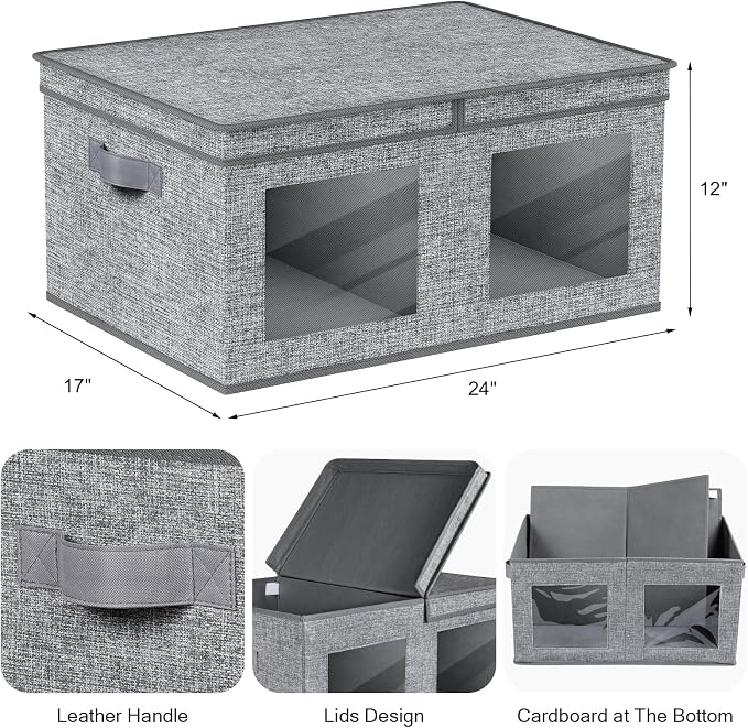 Univivi Large Fabric Storage Bins with Lids for Clothes 2 Pack, Grey | 24 x 17 x 12 In Foldable Storage Boxes with Handles, Clear Window, Closet Organizers for Home, Bedroom - Image 2