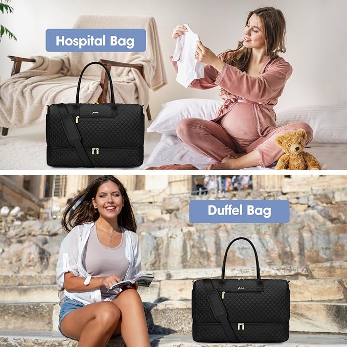 Travel Weekender Bags for Women - Duffle Bag Women with Shoe Compartment Carry On Overnight Bag with Toiletry Bag Duffel Bags with Wet Pocket for Gym Hospital Bags Black for College - Image 9
