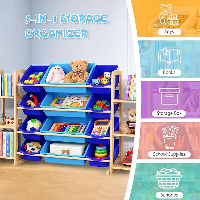 Kids Toy Storage Organizer with Bookshelf – Wooden Shelf with 12 Bins & 6 Shelves, Quick Assembly Storage Rack for Playroom, Bedroom, Nursery– Blue - Image 6