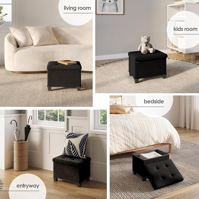 Storage Ottoman Cube with Small Bin, 16-in Square Ottoman with Storage for Living Room and Bedroom, Small Ottomans Foot Rest, Velvet Foot Stools Ottomans Max 330lbs, Black - Image 4