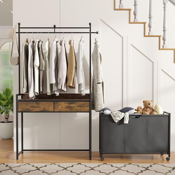 Mondeer 150L Laundry Sorter with Hanging Rack, 3 Compartments, 2 Drawers | Shelf, Wheels, Pull-Out Laundry Hamper for Bathroom Bedroom, Rustic Brown and Black - Image 3