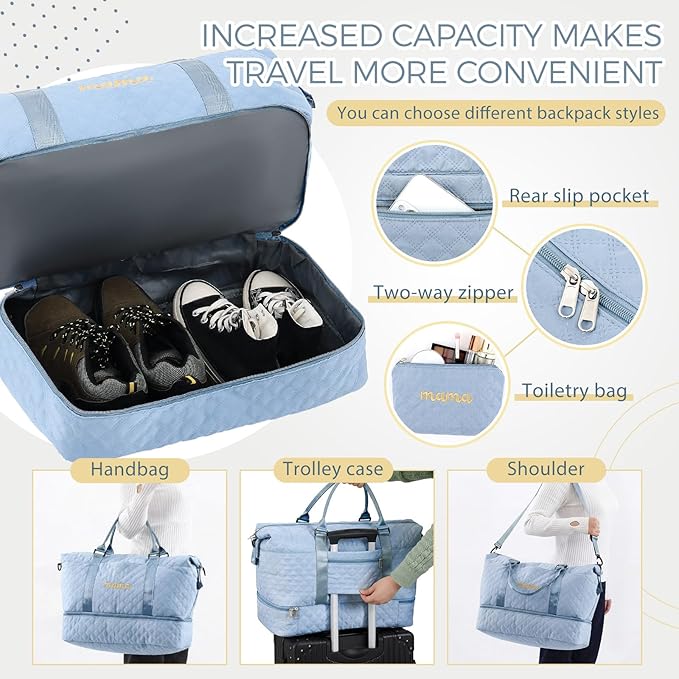 Dansydaisy Mama Hospital Bag for Women Labor Delivery,Light Blue | Travel Duffle Bag with Shoe Compartment and Toiletry Pouch Waterproof Weekender Bag for Women Pregnancy Overnight Gym Gift - Image 5