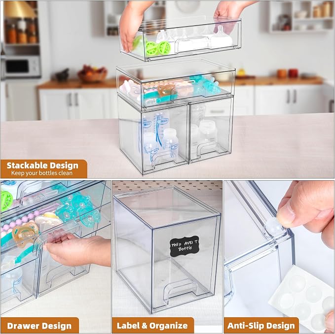 Baby Bottle Organizer, 5 Pack Stackable Storage Drawers with Labels, Clear Station Organizers Container for Pacifiers, Pump Parts, Desk Organizer Bins for Bathroom, Cabinet, Pantry, Vanity, Countertop - Image 5