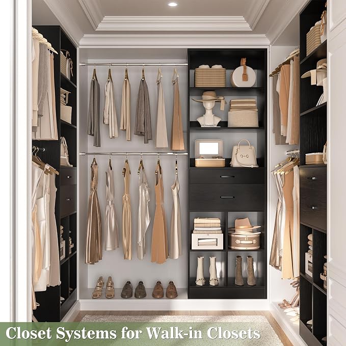 Besiost Closet System, 4-8 FT Closet Organizer Tower with 2 Wooden Drawers and Shelves, Can Fit 60 to 96 inch Walk-in Closet System with 5 Hang Rods, Built-in, Black - Image 6