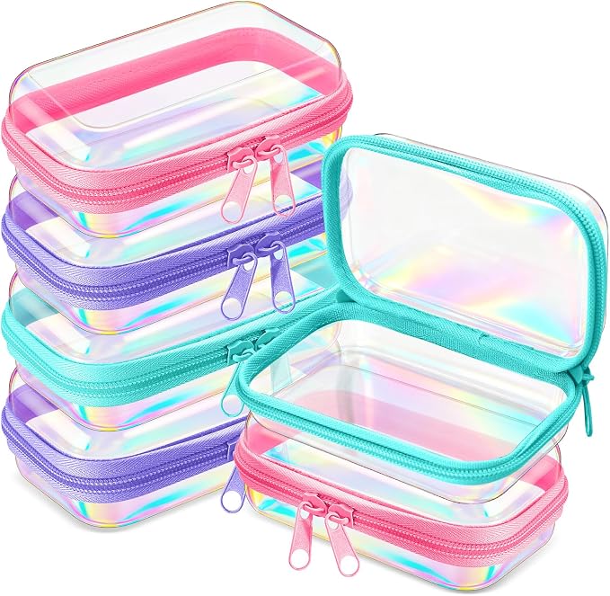Sanwuta 6 Clear Hard Zipper Case,Holographic,5 X 3 X 2 Inch | Pencil Case Pouches ,Makeup Bag,Plastic Toiletry Diaper Bag ,Travel Toy Storage,Waterproof Organizer Bins by Sanwuta