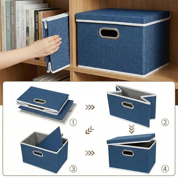 Storage Bins with Lids [3-Pack] Linen Fabric Foldable Storage Boxes Organizer Containers Baskets Cube with Cover for Bedroom Closet Office Royal Blue（11.4X8.6X6.7 - Image 5