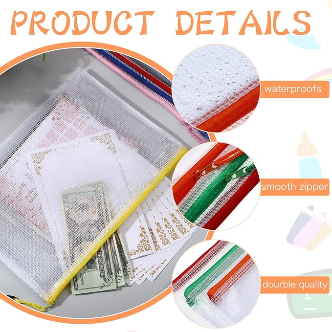 200 Pcs A4 Mesh Zipper Pouch Bulk Waterproof Mesh Zipper Organizer Plastic File Folder Case for School Office Supplies Document Board Games Puzzle(Multicolor) - Image 3