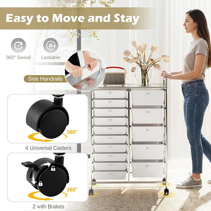 RELAX4LIFE 15-Drawer Rolling Storage Cart - Utility Cart with Metal Frame, Lockable Wheels & Removable Drawers, Multipurpose Art Craft Organizer for Home Office, Classroom (White) - Image 5