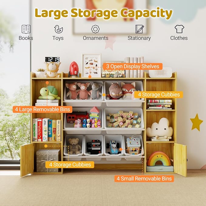 Costzon Kids Toy Storage Organizer w/ 8 Bins, Wooden Toddler Bookcase w/Open Shelves & Cabinet, Multifunctional Toy Storage Cabinet for Kids Room, Nursery & Playroom - Image 4