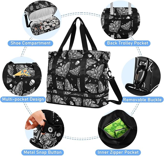 Travel Duffel Tote Bag Moth Skull Moon Esoteric Sports Duffel Bag with Wet Pocket Weekender Overnight Bag for Women Men Gym Bag, Carry On Bag Hospital Bag for Labor and Delivery - Image 4