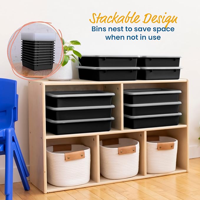 ECR4Kids Letter Size Plastic Tray Organizer with Lids, Small, Storage Bins, Black, 10-Piece | Durable plastic, GREENGUARD Gold Certified, 2 gallon capacity, stackable/nestable, easy-lift lids, classroom & home use - Image 6