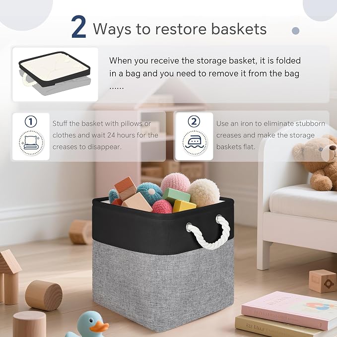 FinishingBo 11 inch Cube Storage Bin with Handles 6 Pack | Foldable Basket, Fabric Storage Bins, Closet Storage, Home Organizer (Black/ Gray) - Image 7