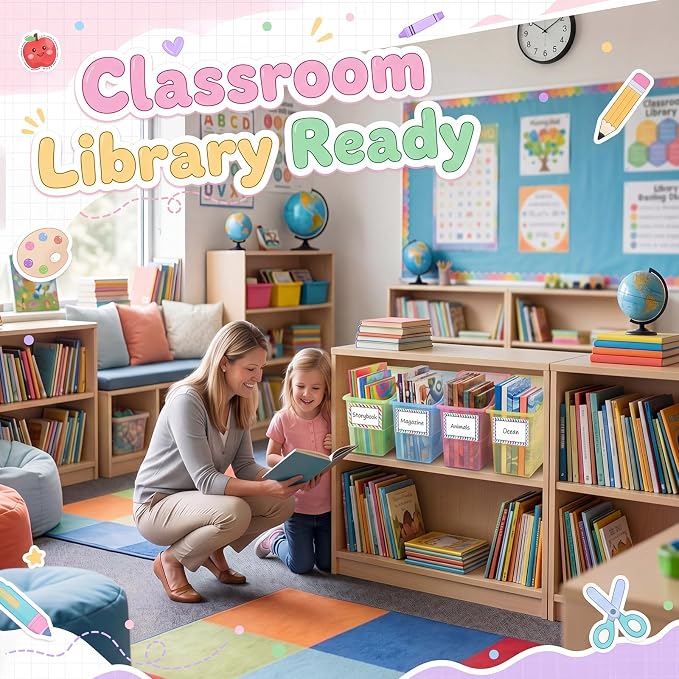Blosssound 12 Set Book Bins for Classroom Stackable,Translucent Pastel | Plastic Baskets with Labels, Slanted Front, Library Supplies Organizers, Desktop Storage Bins, Teachers Home School Use - Image 5