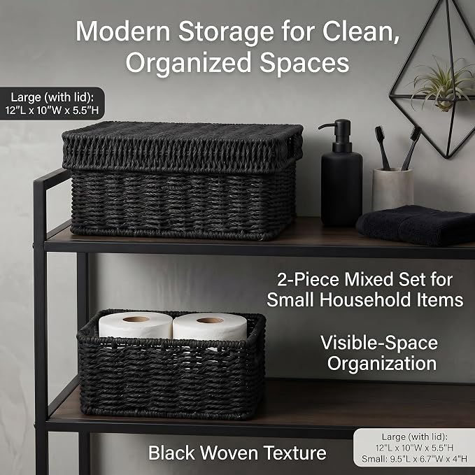 Wicker Storage Basket with Lid for Shelves, Set of 2, Black | One rectangular wicker basket with lid and one open basket for decorative shelf storage; removable lid flips into a tray. - Image 3