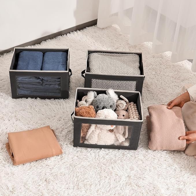 Storage Bins with Lids - Fabric Storage Boxe with Window, Collapsible Closet Organizers with Handles, 3 Pack Decorative Bin, Home Cubes Baskets for Clothes, Hat, Books, Dark Grey - Image 6