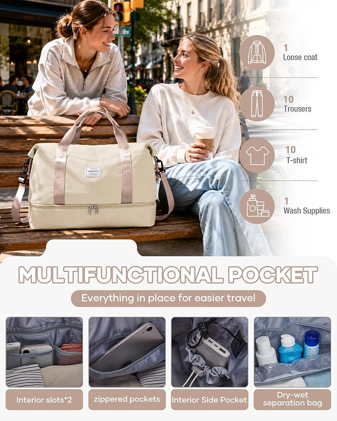 Travel Duffel Weekender Bag Women Tote Carry On Bags With Shoe Compartment | Travel Overnight Bags with Trolley Sleeve for Airplanes Waterproof Lightweight Sport Tote Gym with Toiletry Bag Beige - Image 5
