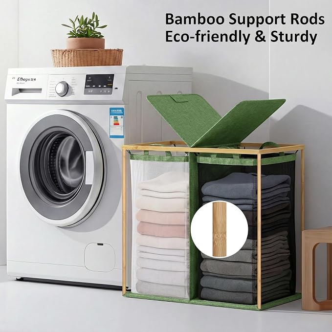 efluky Laundry Hamper with Lid, Double Laundry Basket with 2 Removable Bags, 2 Section Laundry Bin with Bamboo Handles for Bathroom, Bedroom & Laundry Room, 140L (36.9 Gallon) Sage Green - Image 6