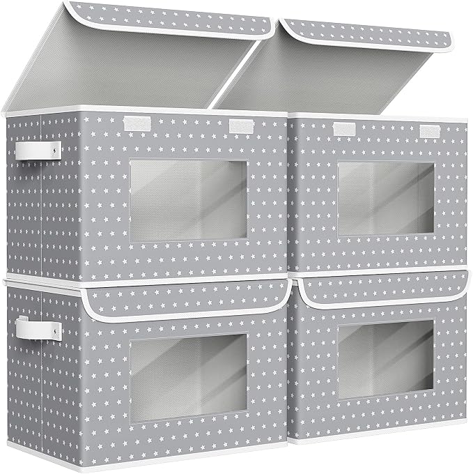 Univivi Fabric Foldable Storage Boxes with Lids, 4 Pack, Gray Star | 17 x 12 x 12 In Large Stackable Storage Bins with Lids, Closet Organizers and Storage Cube Basket for Home, Office, Bedroom by Univivi