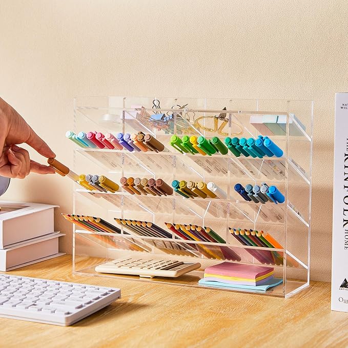 MotiMind Acrylic Pen Organizer Storage for 200 Markers Vertical Marker Organizer Acrylic Pen Display Holder for Office Desk Desktop Stationery Pencil Storage, Clear, 13 x 4 x 10.2 Inch - Image 3