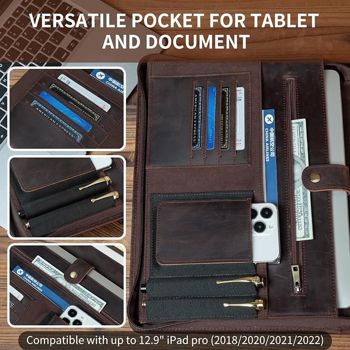 YIWEN Leather Portfolio with Handle, Zippered Front Pocket and Clip - Image 4