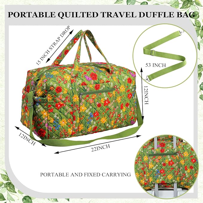 Dansydaisy Large Quilted Travel Duffle Bag for Women Floral Portable Gym Weekender Bag with Zipper Pockets Workout Grocery Pouch Duffle Gift Pouch for Work(Yellow Green Grassland) - Image 7