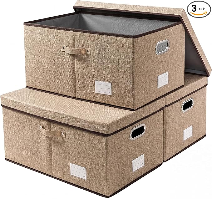 Storage Bins with Lids [3-Pack] Jute Fabric Foldable Storage Boxes Organizer Containers Baskets Cube with Cover for Home Bedroom Closet Office Nursery khaki（23.4X15.9X11.5 by Prandom