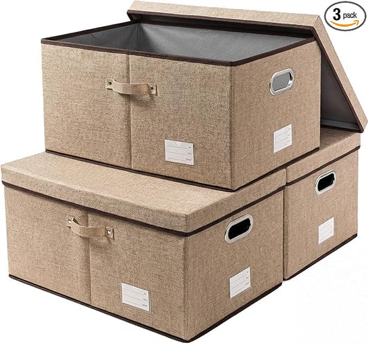 Storage Bins with Lids [3-Pack] Jute Fabric Foldable Storage Boxes Organizer Containers Baskets Cube with Cover for Home Bedroom Closet Office Nursery khaki（23.4X15.9X11.5 by Prandom