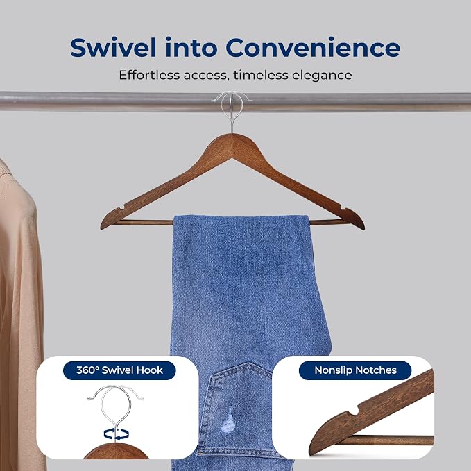 SereneLife 10-Pack Vintage Wooden Suit Hangers – Premium Solid Wood Coat Hangers with 360° Swivel Hook & Notches – Heavy-Duty, Space-Saving Design for Shirts, Jackets, Dresses & More - Image 6