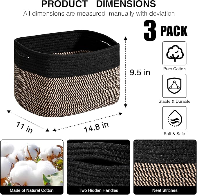 Storage Baskets for Organizing Shelves, Woven Cotton Rope Bins for Organization, Dog Toy Organizer for Shelf Living Room Bedroom, 14.8"×11"×9.5", Pack of 3, Black & Jute - Image 2