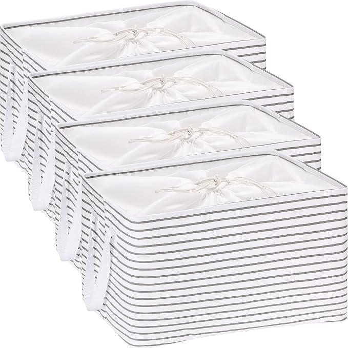 Hinwo 102L XXL Canvas Storage Bin with Lid and Handles, 4-Pack | Collapsible Fabric Baskets, Closet Shelf Organizers, Containers for Clothing, Blankets, Toys, Bedding (Gray Stripe) by Hinwo