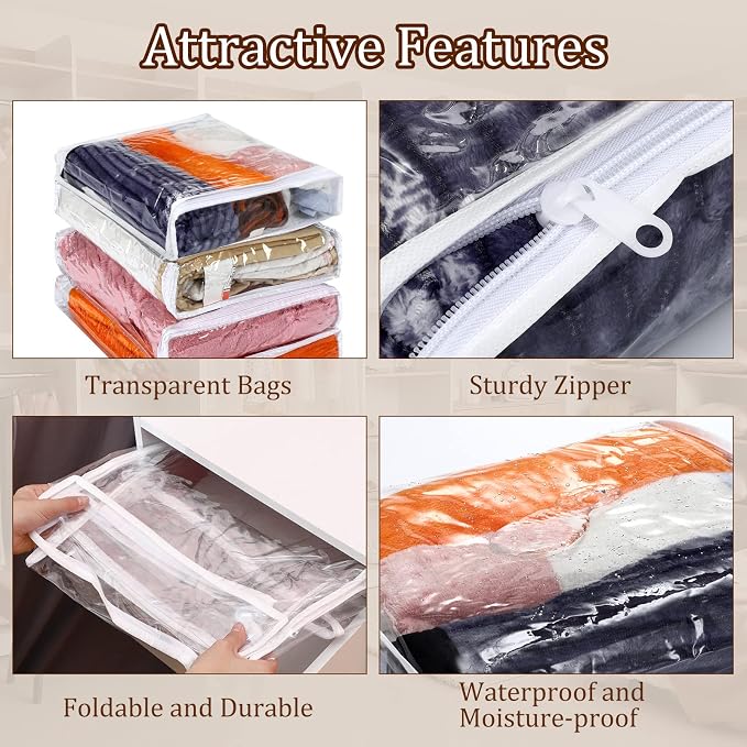 Kingdder 16 Pcs Clear Zippered Storage Bags Plastic Sweater Bag with Zipper | 16 x 14 x 2.5 Inch Vinyl Sheet Organizer and Storage for Clothing Blankets Sheet Linen Bed Pillow Cube Organizer - Image 3