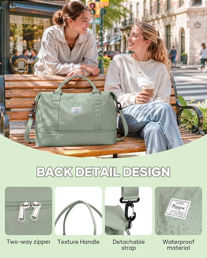 Travel Duffel Weekender Bag Women Tote Carry On Bags With Shoe Compartment | 18x14x8 inches Travel Overnight Bags with Trolley Sleeve for Airplanes Waterproof Sport Tote Gym with Toiletry Bag Beigegreen - Image 5