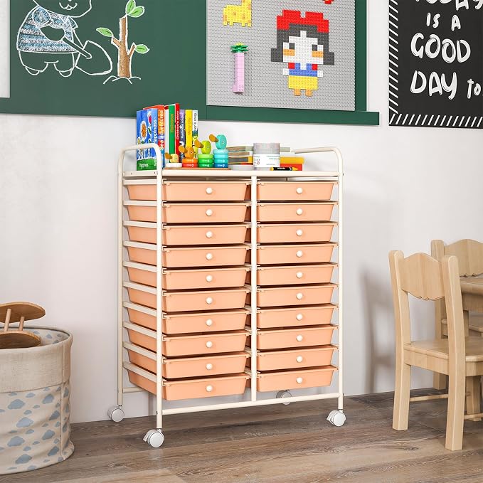 RELAX4LIFE 20-Drawer Rolling Storage Cart - Mobile Rolling Cart w/Drawers for School Classroom Teacher Office Home Salon, Paper File Art Supply Craft Organizer, Utility Cart on Wheels (Pink) - Image 8