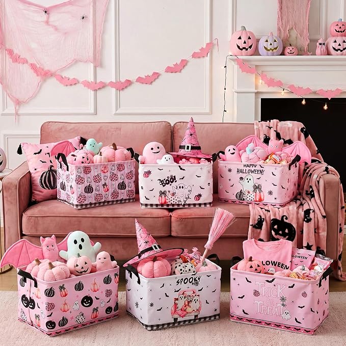 CHENGU 6 Pcs Halloween Storage Bin Collapsible Pink Ghost Basket for Gifts Spooky Pumpkin Decor Large Halloween Basket Farmhouse Foldable Bat Box with Handle for Nursery Bedroom Office Home Party - Image 4